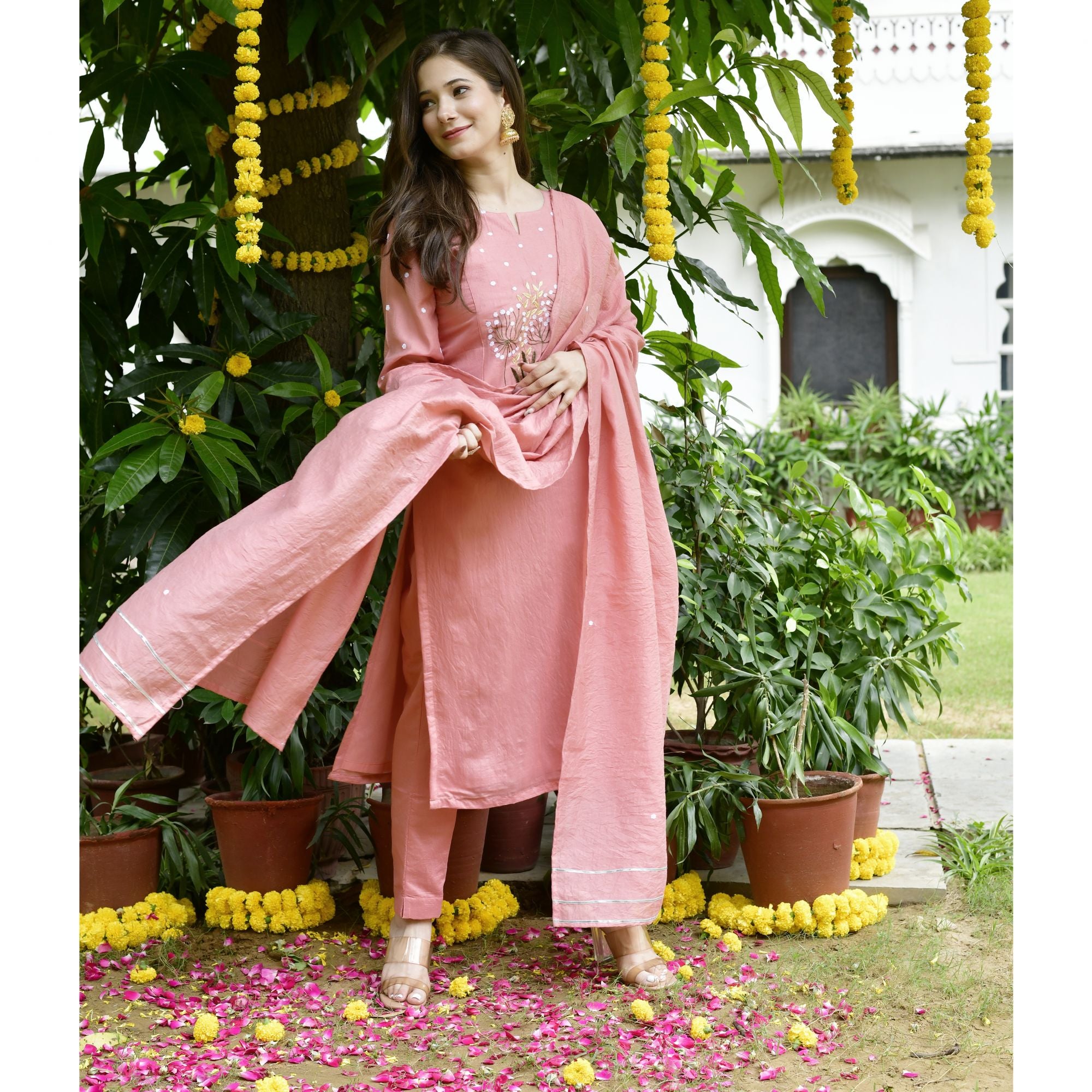 Pink Chanderi Embroidery Suit Set