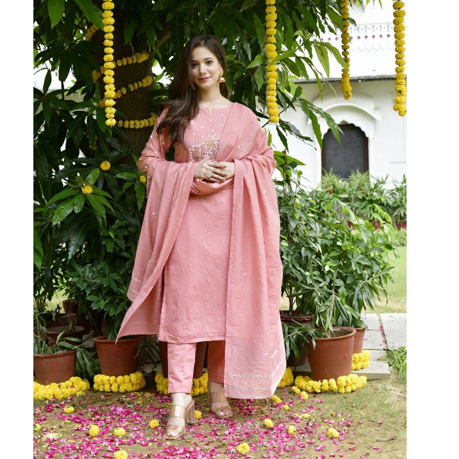 Pink Chanderi Embroidery Suit Set