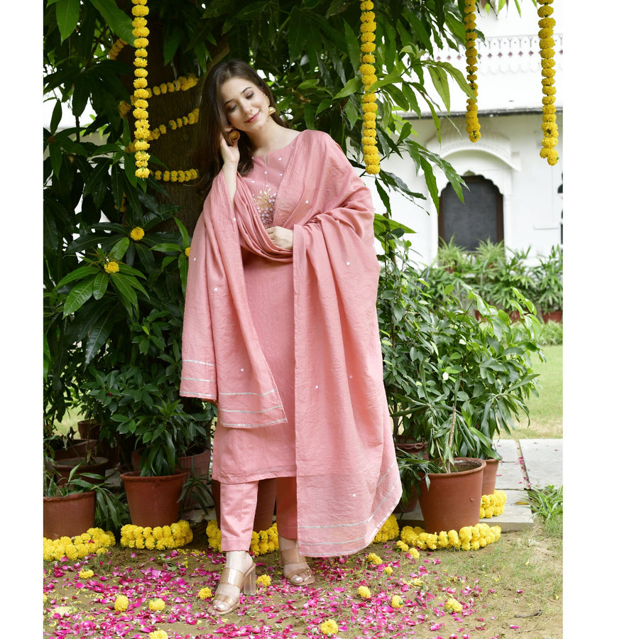 Pink Chanderi Embroidery Suit Set