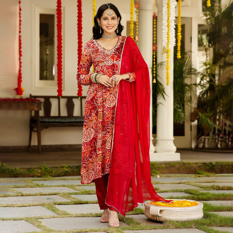 Multicolor Chinon Festive  Suit Set