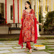 Multicolor Chinon Festive  Suit Set