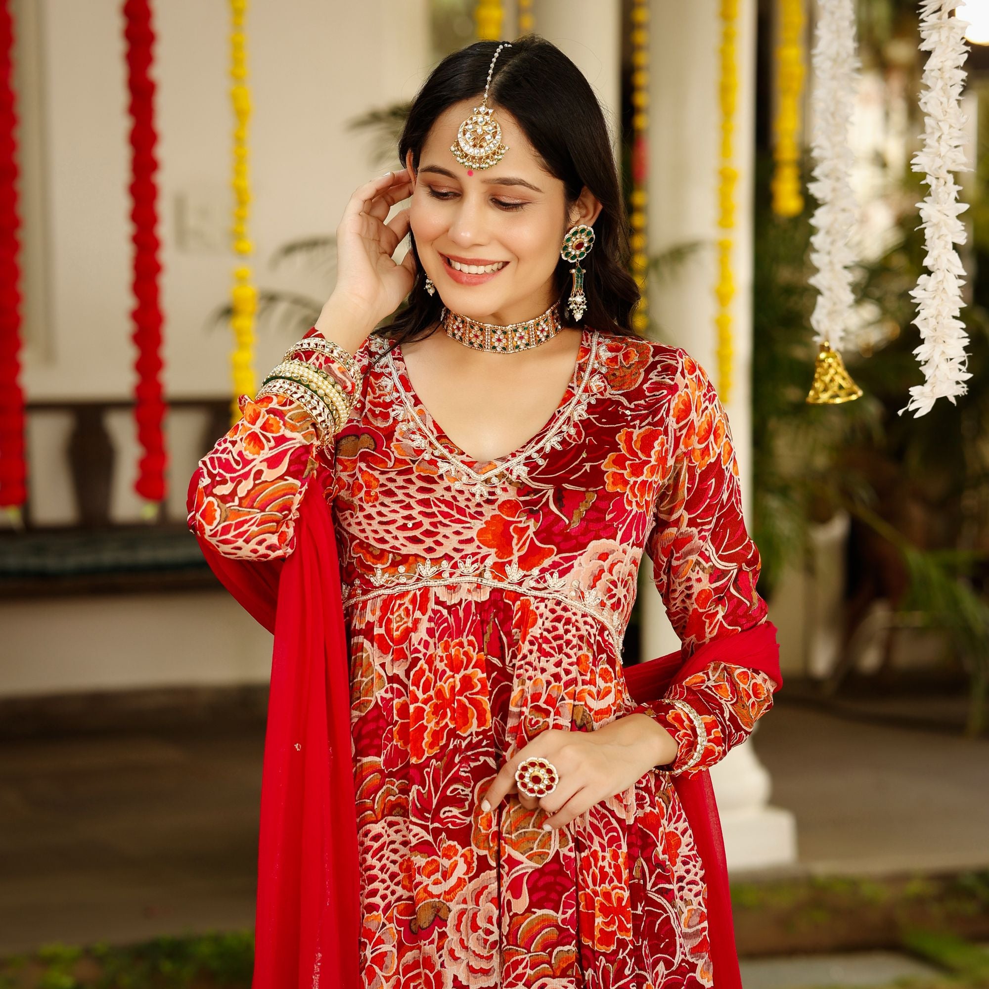 Multicolor Chinon Festive  Suit Set