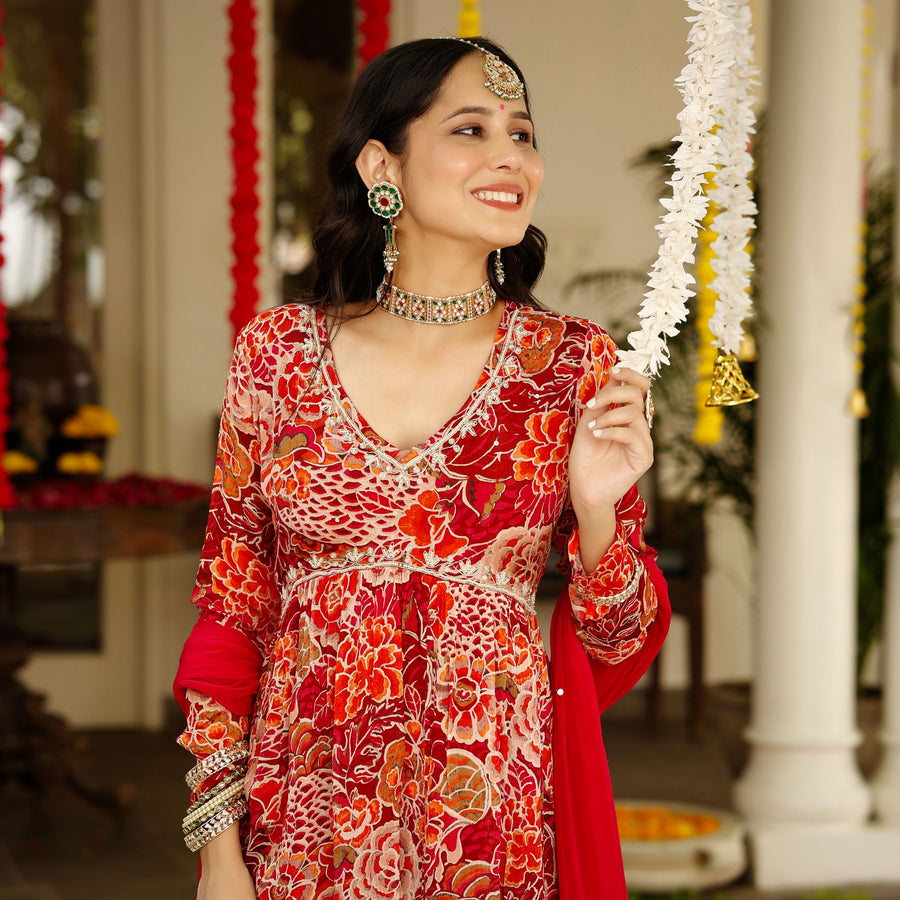 Multicolor Chinon Festive  Suit Set