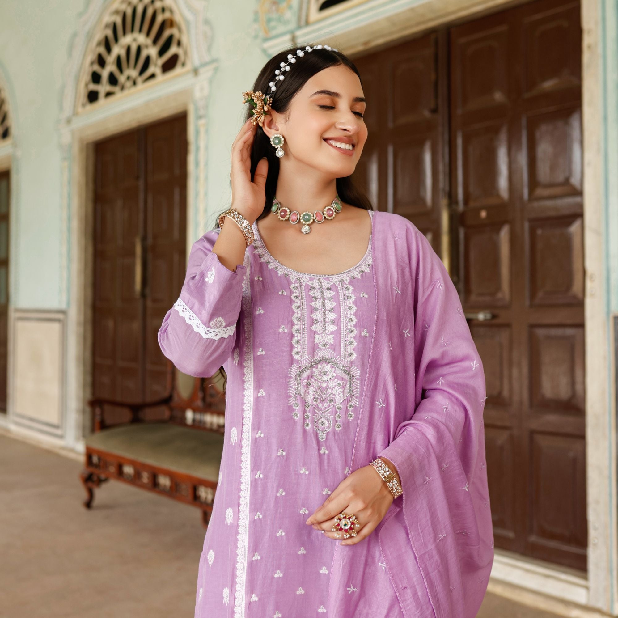 Lavender Festive Chanderi Suit Set