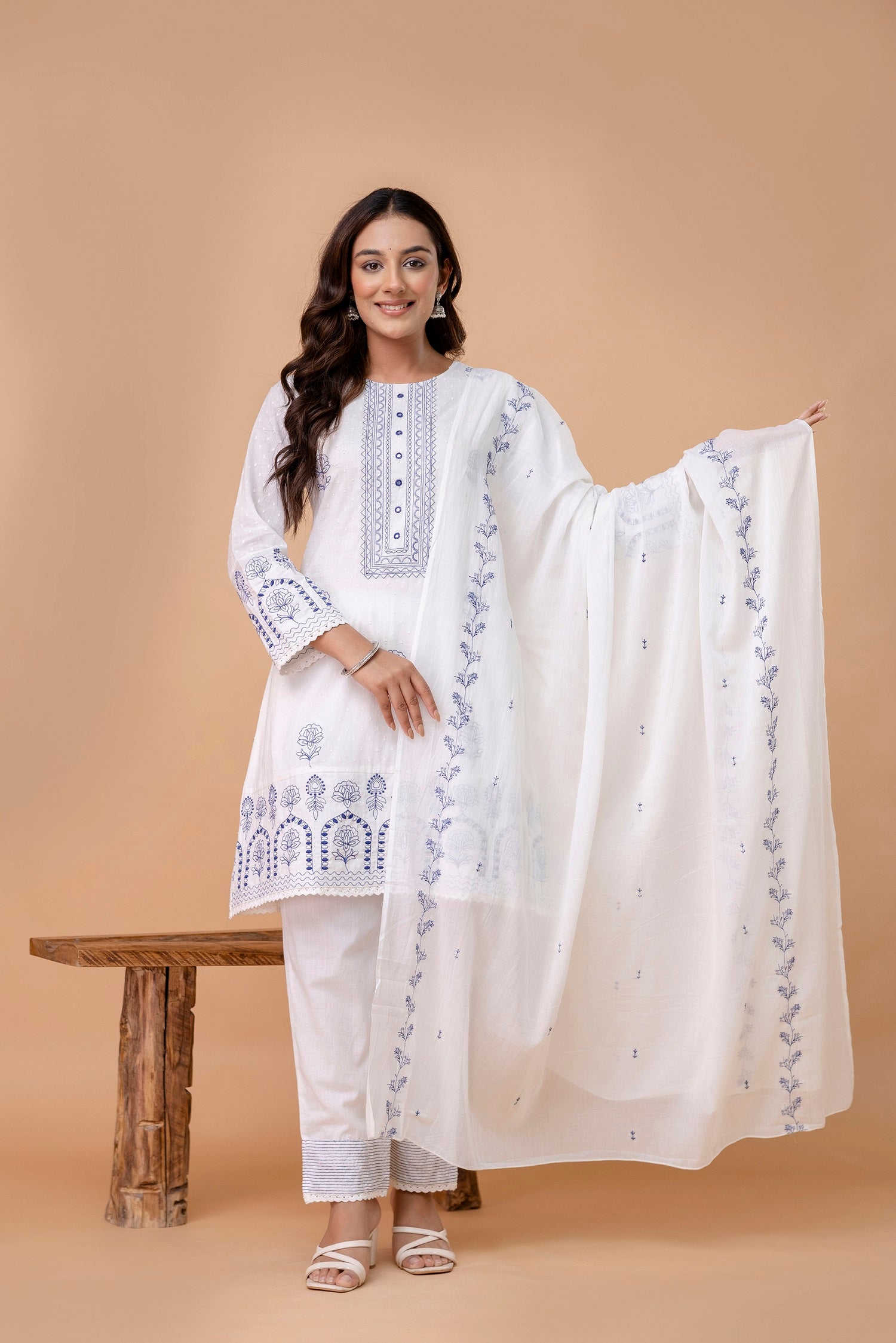 Women Floral Embroidered Cotton A-Line Kurta with Trousers & Dupatta
