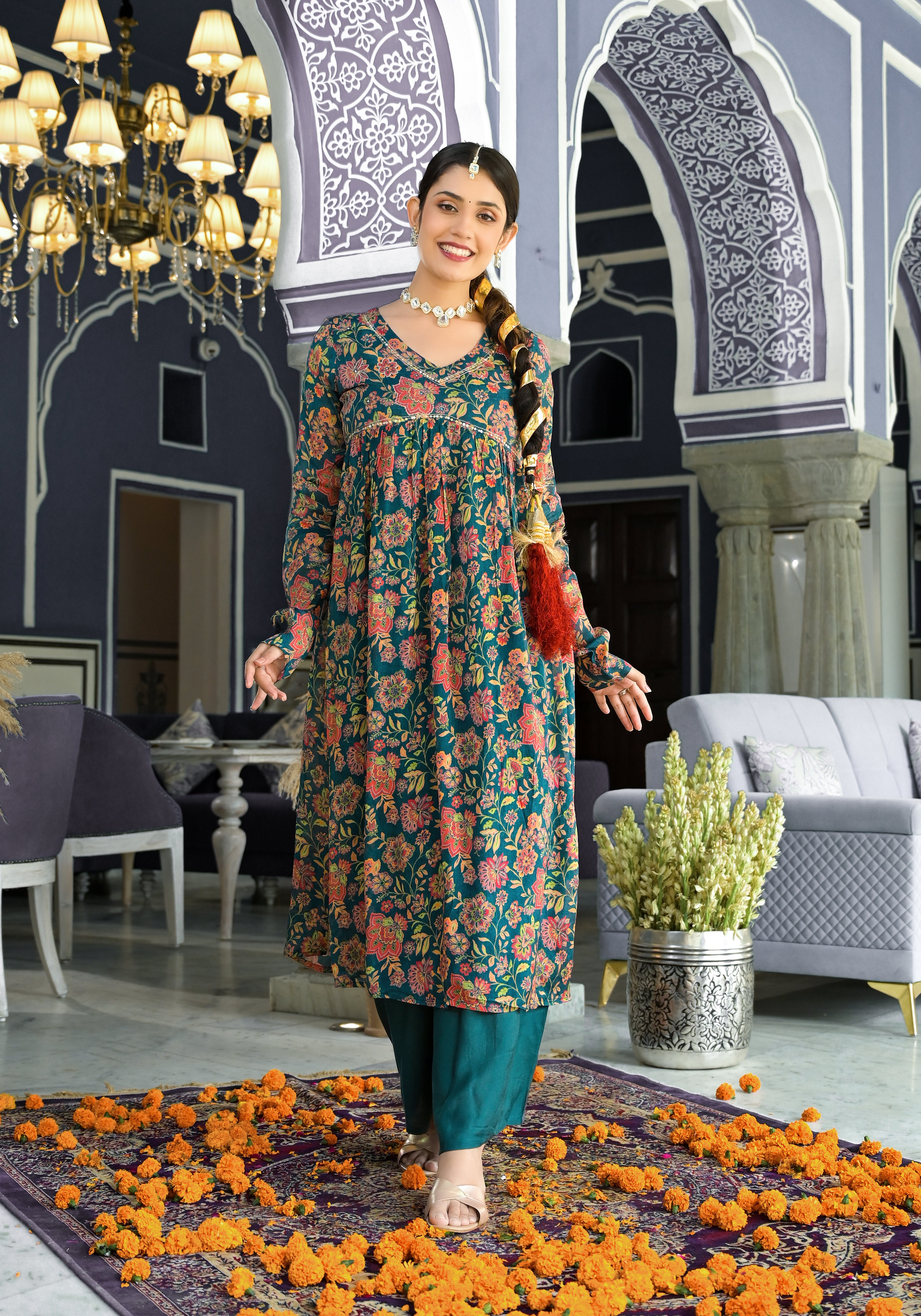 GREEN FLORAL FESTIVE SUIT SET
