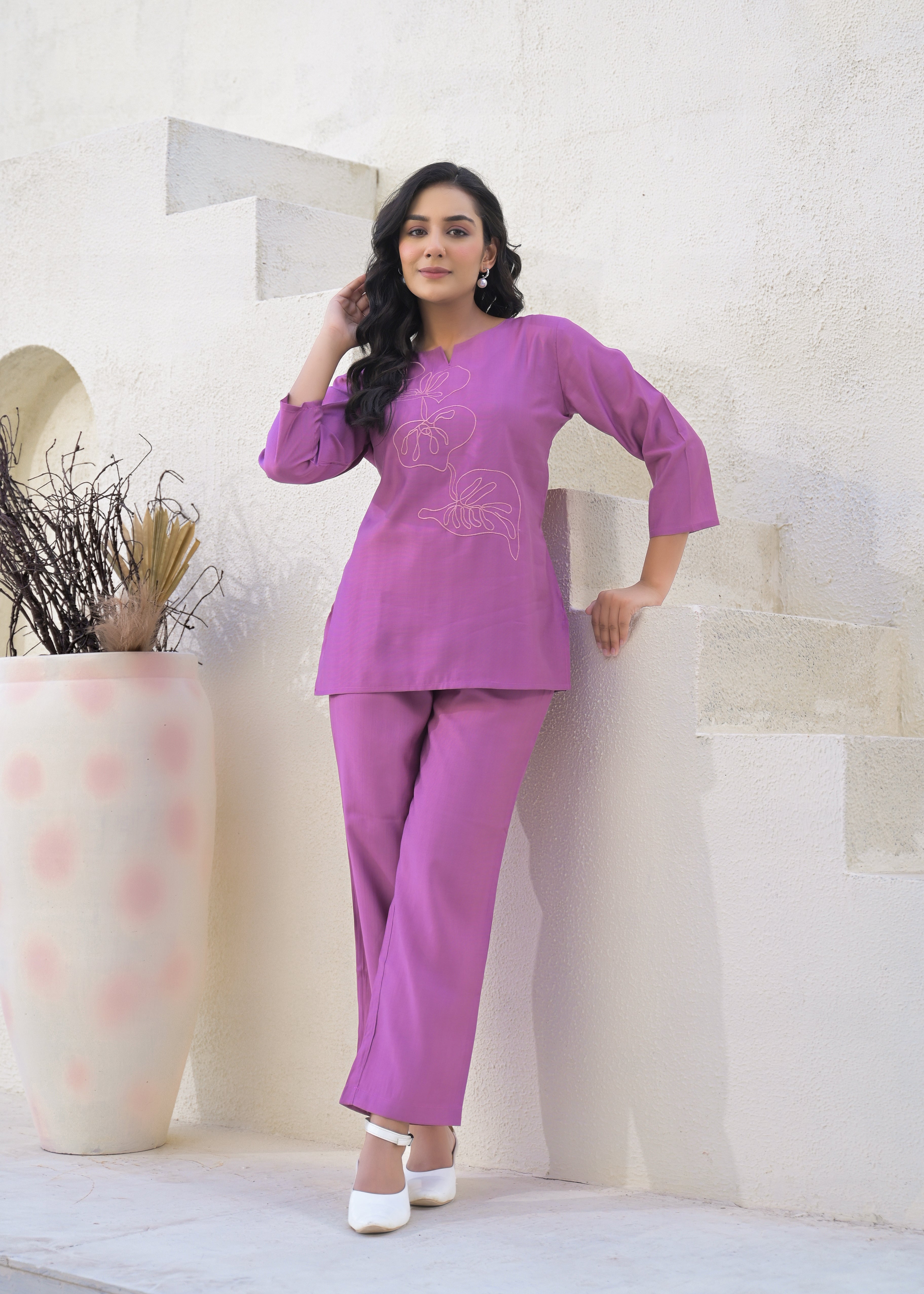 Embroidered Round Neck Top With Trousers Co-Ords