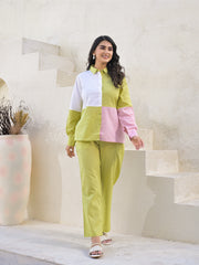 Colourblocked Pure Cotton Shirt With Trousers Co-Ords