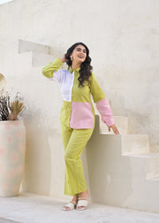 Colourblocked Pure Cotton Shirt With Trousers Co-Ords