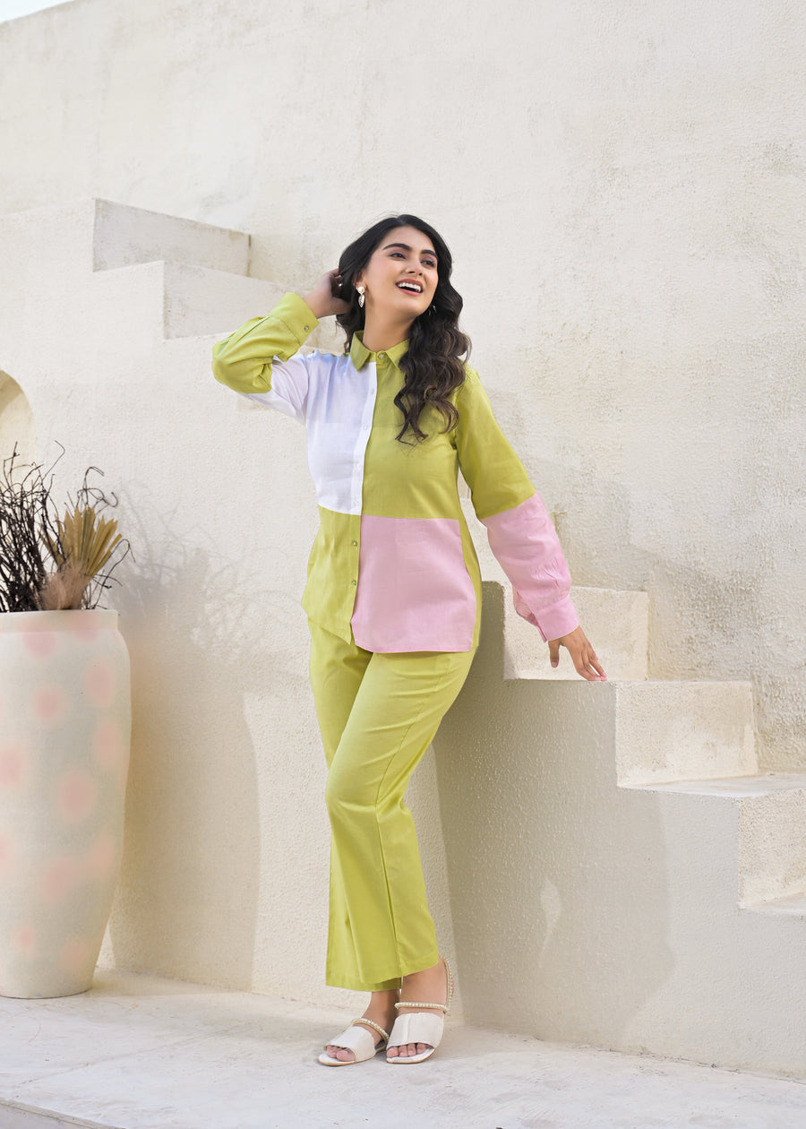 Colourblocked Pure Cotton Shirt With Trousers Co-Ords