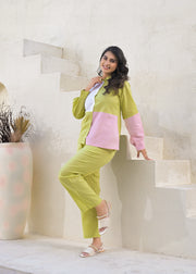 Colourblocked Pure Cotton Shirt With Trousers Co-Ords
