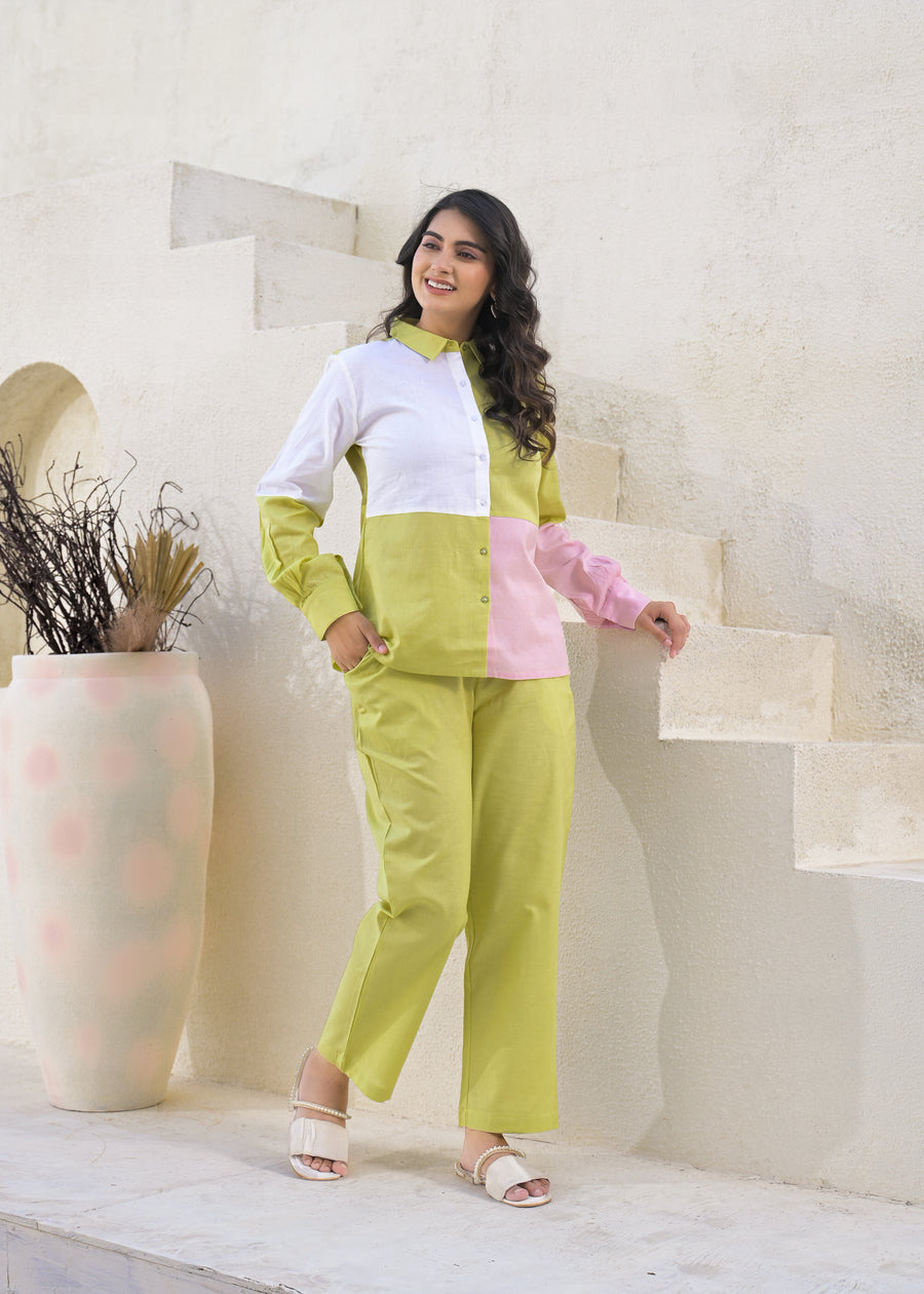 Colourblocked Pure Cotton Shirt With Trousers Co-Ords