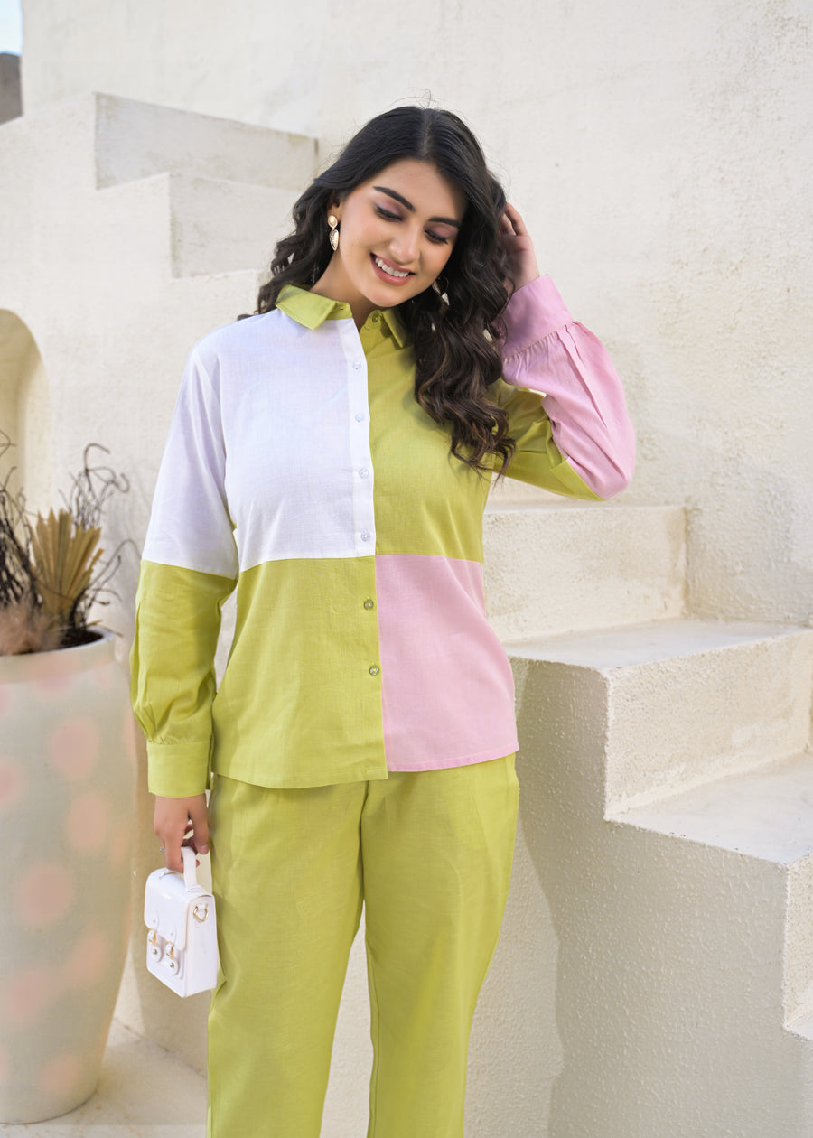 Colourblocked Pure Cotton Shirt With Trousers Co-Ords