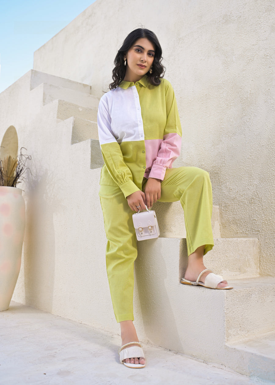 Colourblocked Pure Cotton Shirt With Trousers Co-Ords