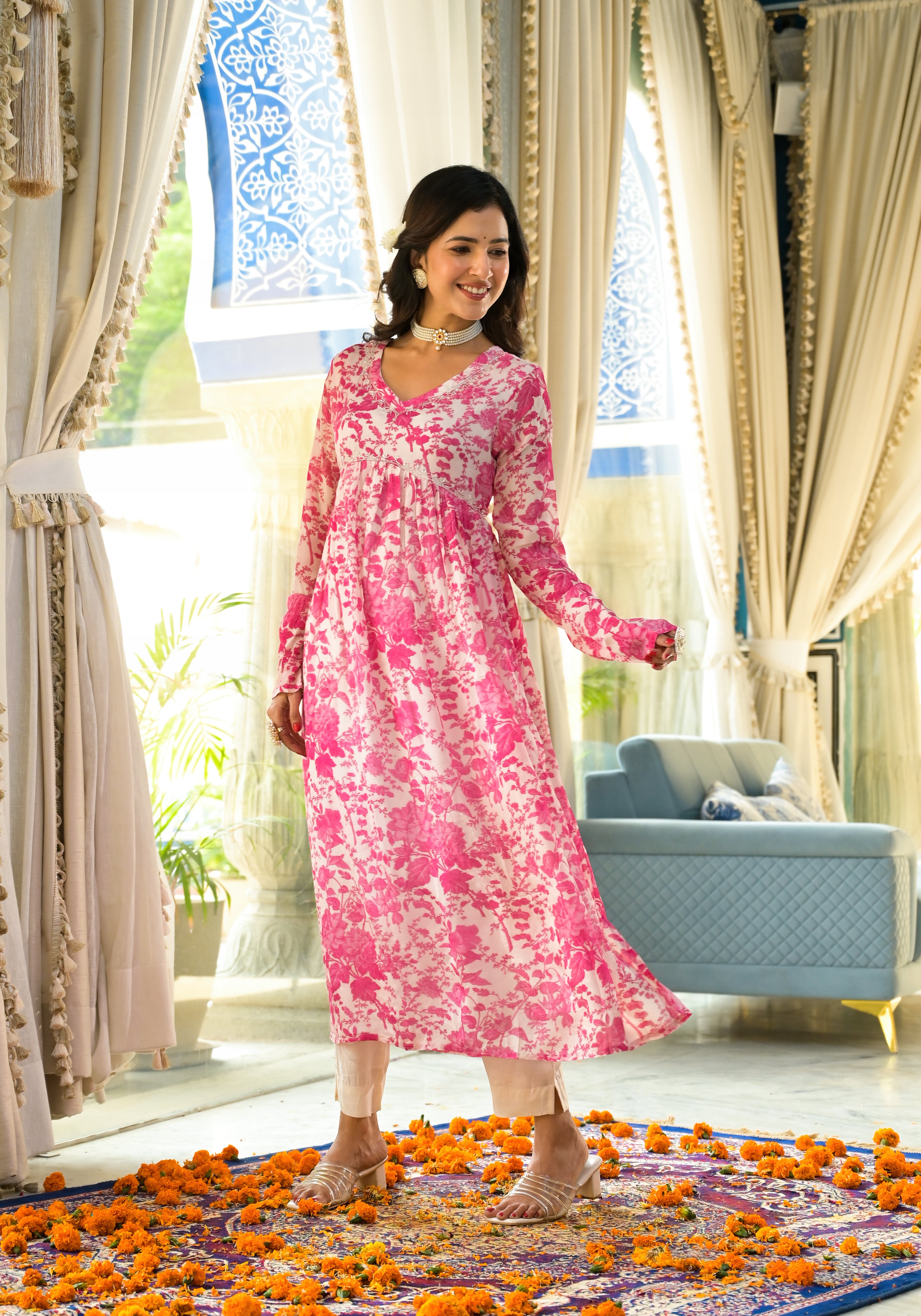 PINK FLORAL FESTIVE SUIT SET