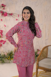 Printed Mandarin Collar Top With Trousers Co-Ords Set