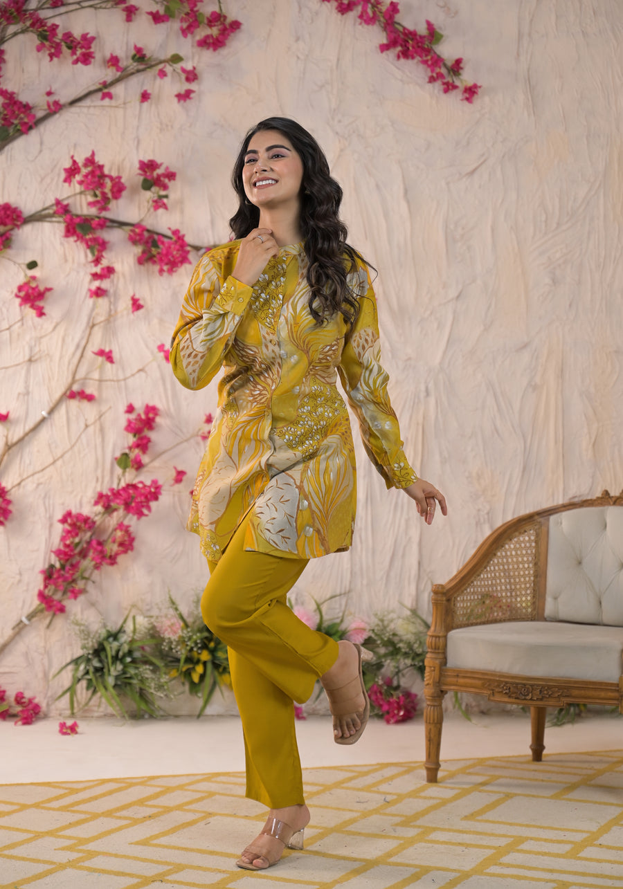 YELLOW floral muslin festive cord set
