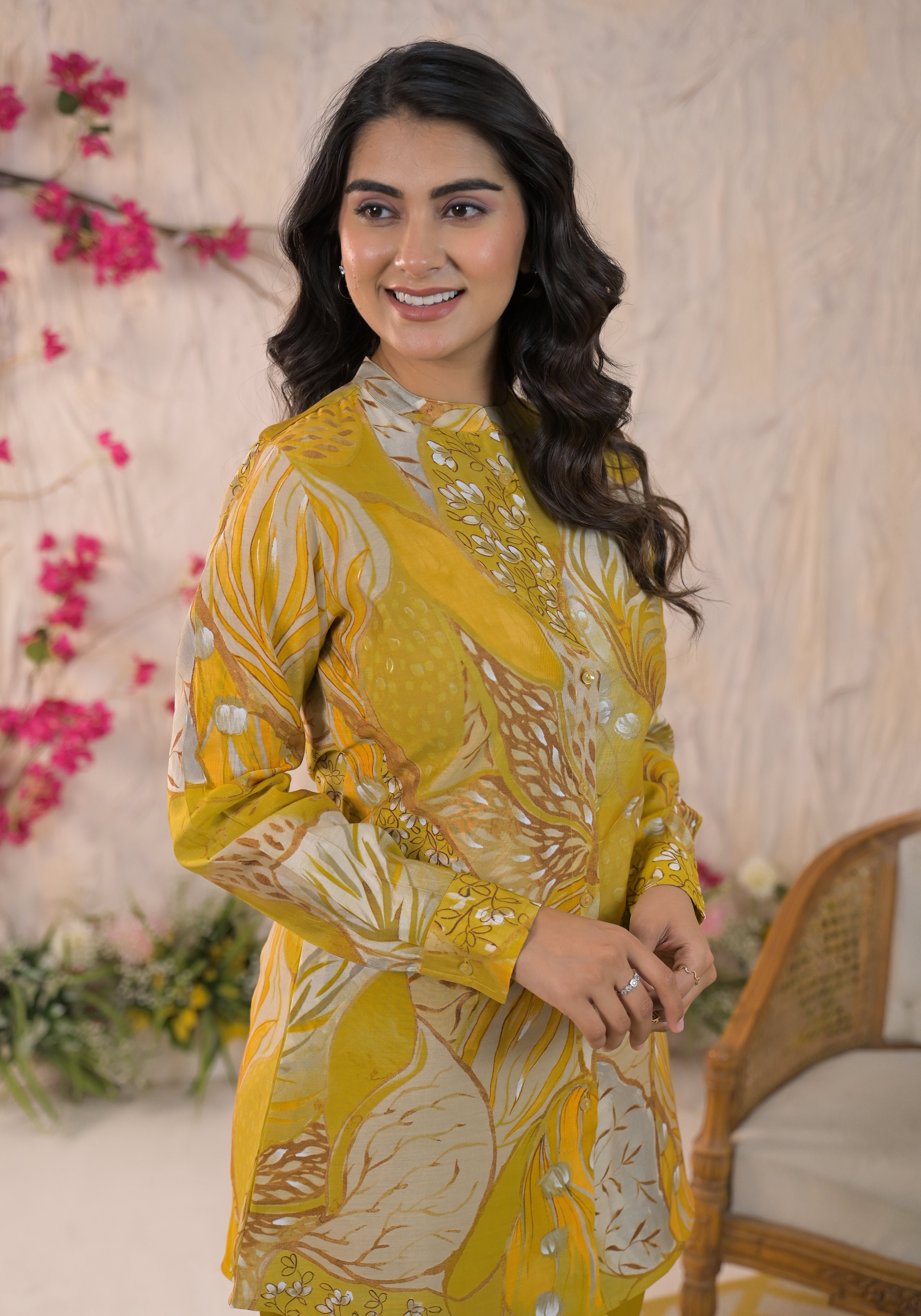 YELLOW floral muslin festive cord set