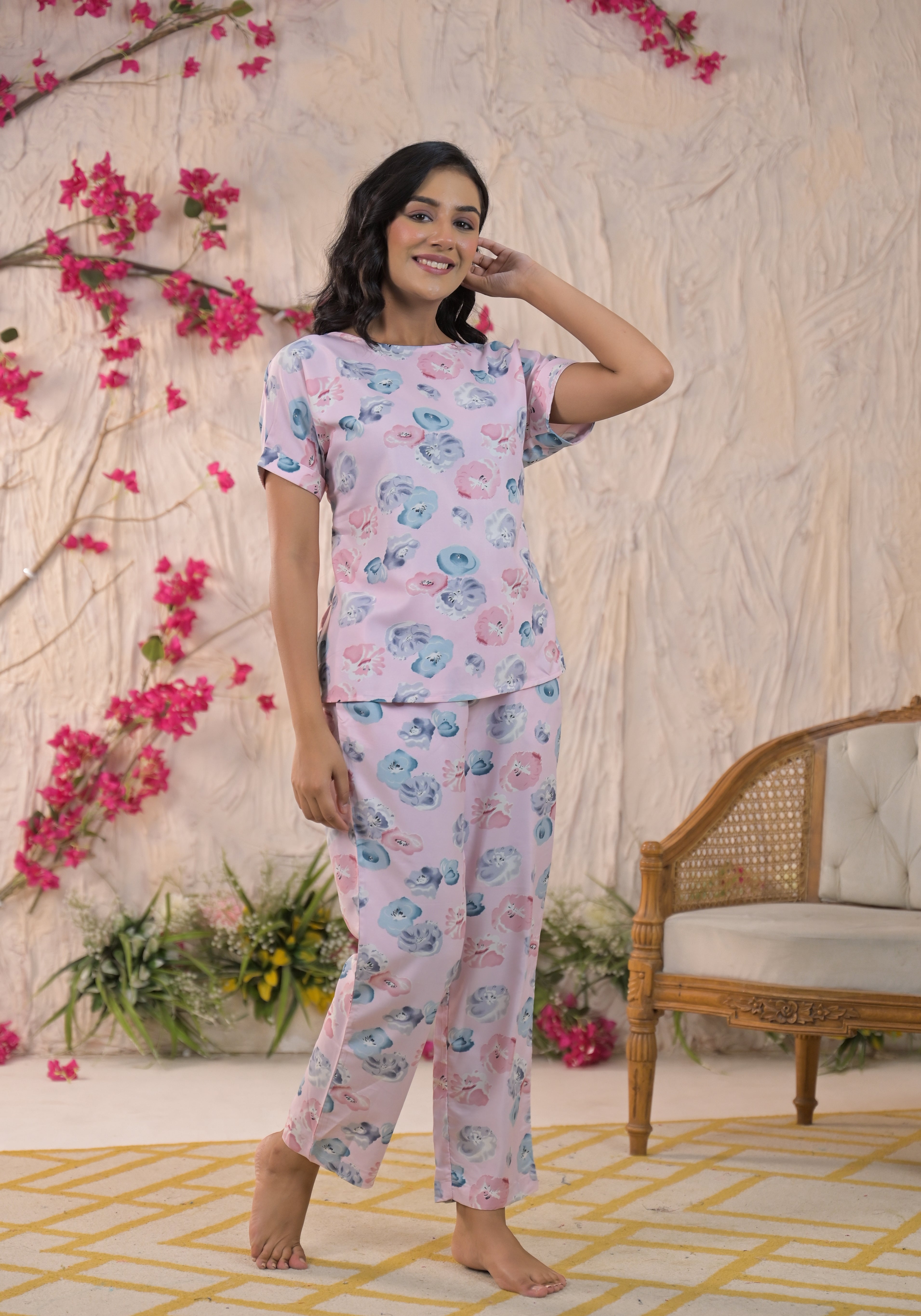 Floral Printed Boat Neck Top With Trousers Co-Ords