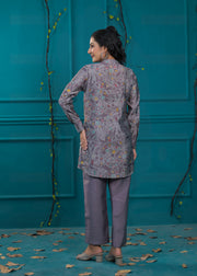 Printed Mandarin Collar Top With Trousers Co-Ords Set