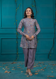 Printed Mandarin Collar Top With Trousers Co-Ords Set