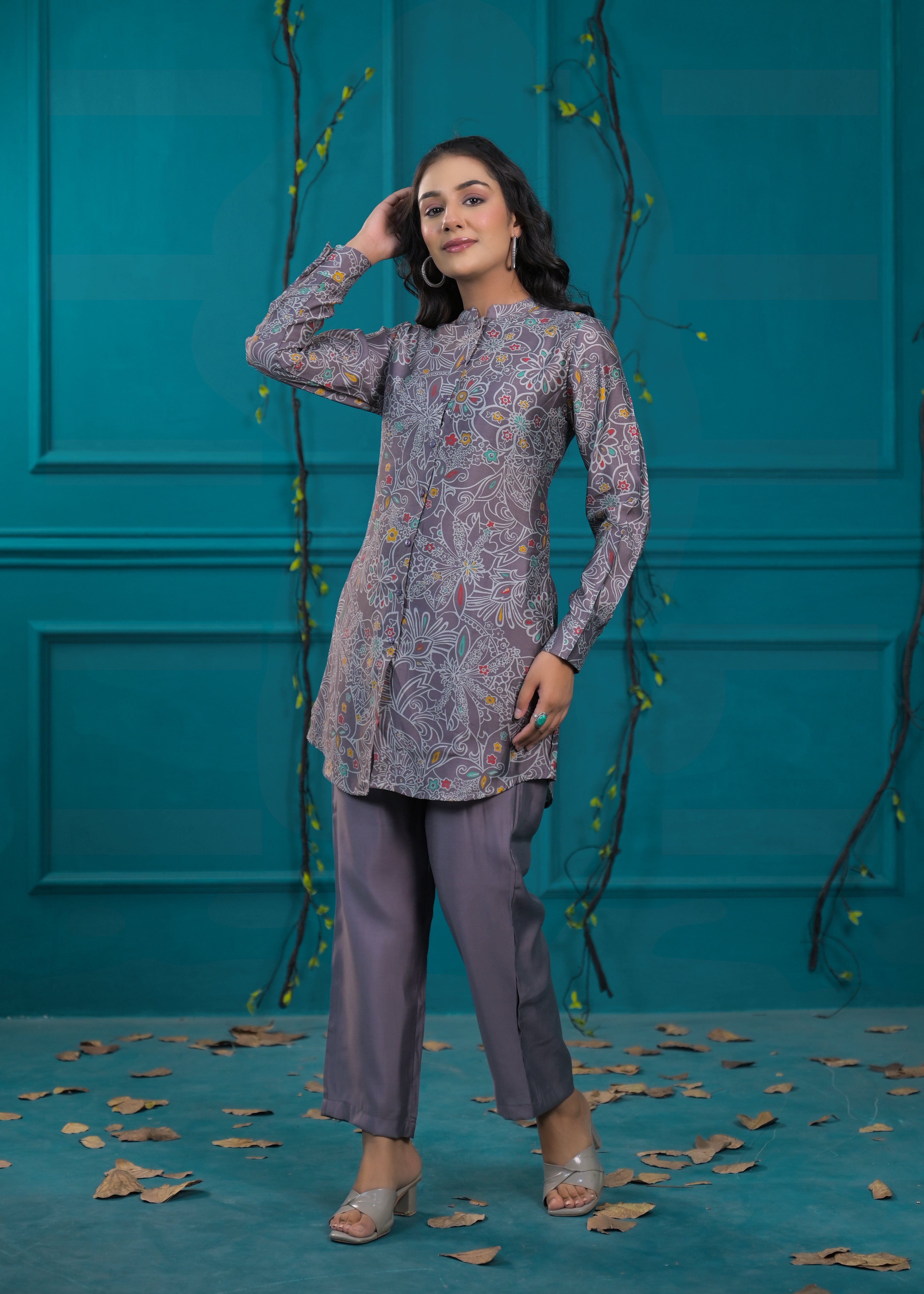 Printed Mandarin Collar Top With Trousers Co-Ords Set