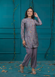 Printed Mandarin Collar Top With Trousers Co-Ords Set