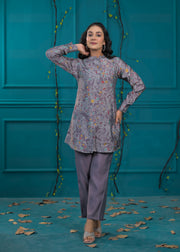 Printed Mandarin Collar Top With Trousers Co-Ords Set