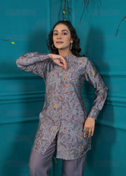 Printed Mandarin Collar Top With Trousers Co-Ords Set