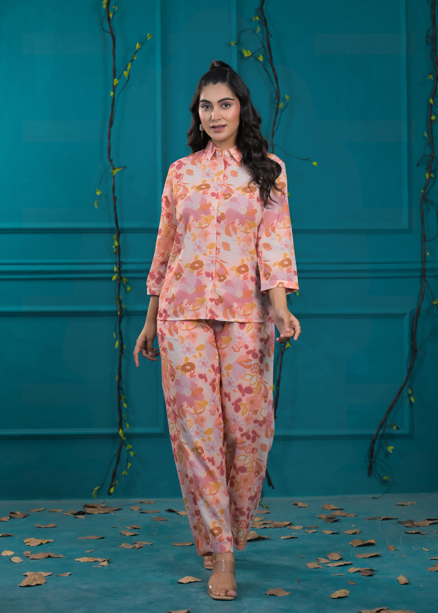 Printed Shirt Collar Shirt With Trousers Co-Ords