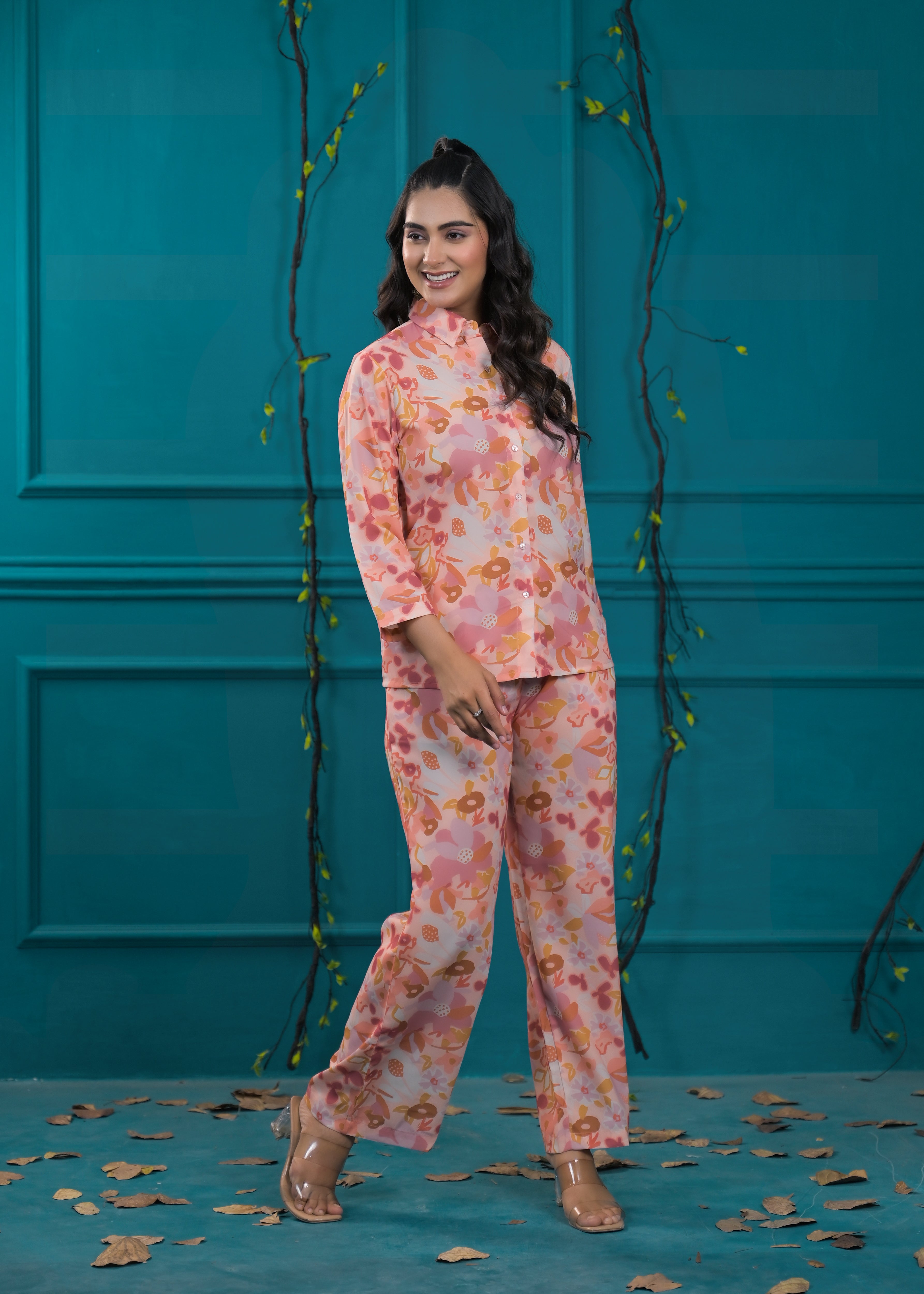 Printed Shirt Collar Shirt With Trousers Co-Ords