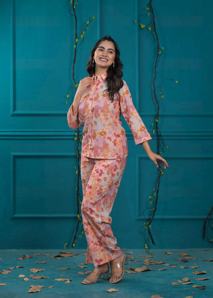 Printed Shirt Collar Shirt With Trousers Co-Ords