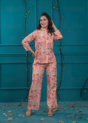 Printed Shirt Collar Shirt With Trousers Co-Ords