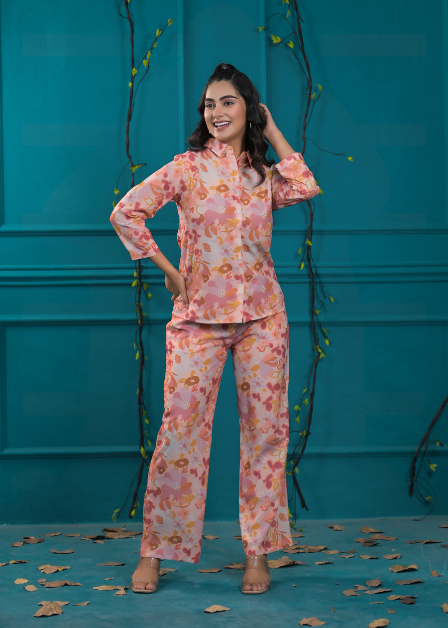 Printed Shirt Collar Shirt With Trousers Co-Ords
