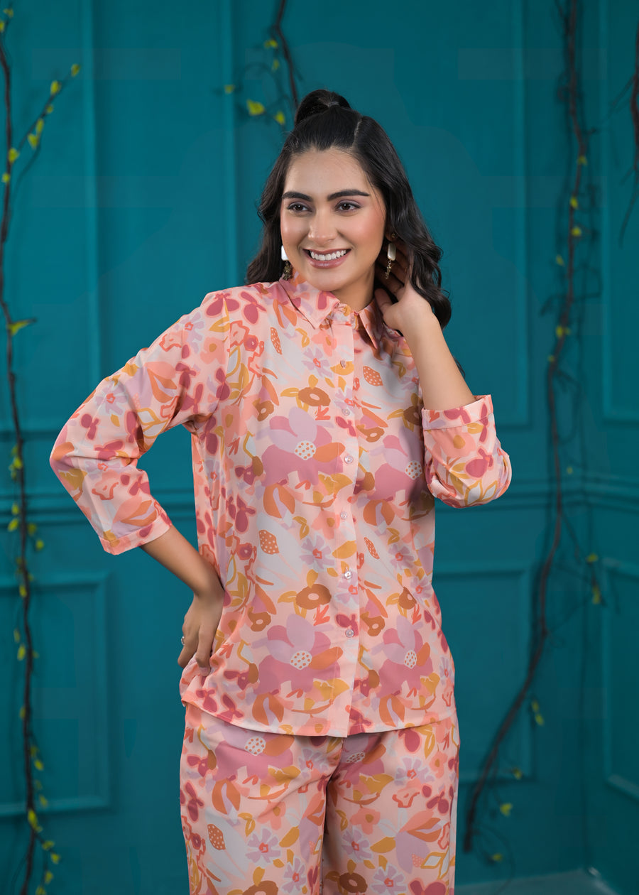 Printed Shirt Collar Shirt With Trousers Co-Ords