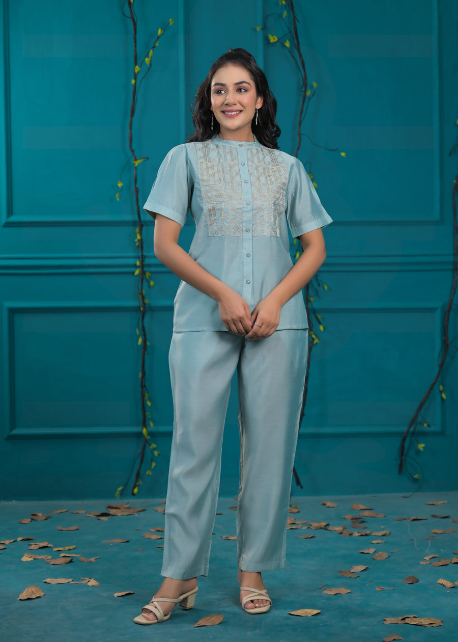 Embroidered Mandarin Collar Neck Shirt With Trousers Co-Ords