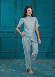 Embroidered Mandarin Collar Neck Shirt With Trousers Co-Ords