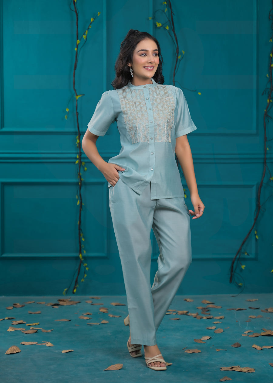 Embroidered Mandarin Collar Neck Shirt With Trousers Co-Ords