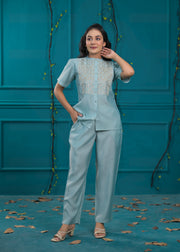 Embroidered Mandarin Collar Neck Shirt With Trousers Co-Ords