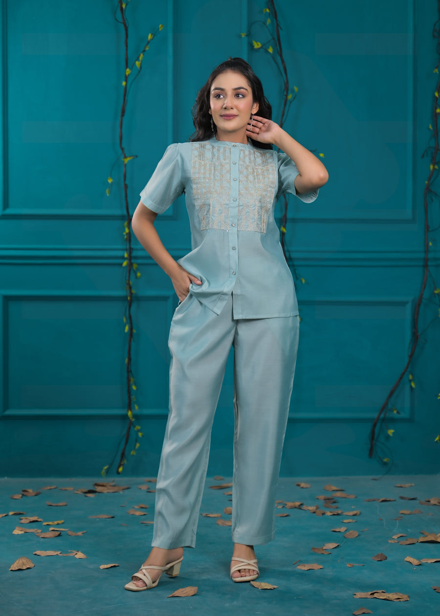 Embroidered Mandarin Collar Neck Shirt With Trousers Co-Ords