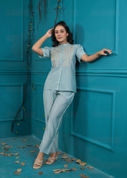 Embroidered Mandarin Collar Neck Shirt With Trousers Co-Ords