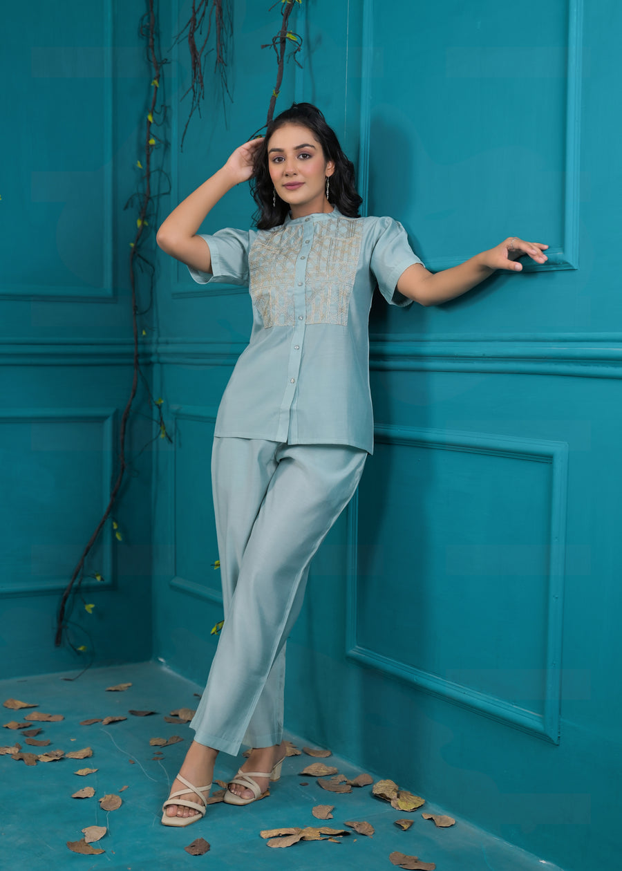Embroidered Mandarin Collar Neck Shirt With Trousers Co-Ords