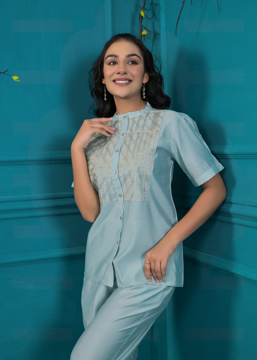 Embroidered Mandarin Collar Neck Shirt With Trousers Co-Ords