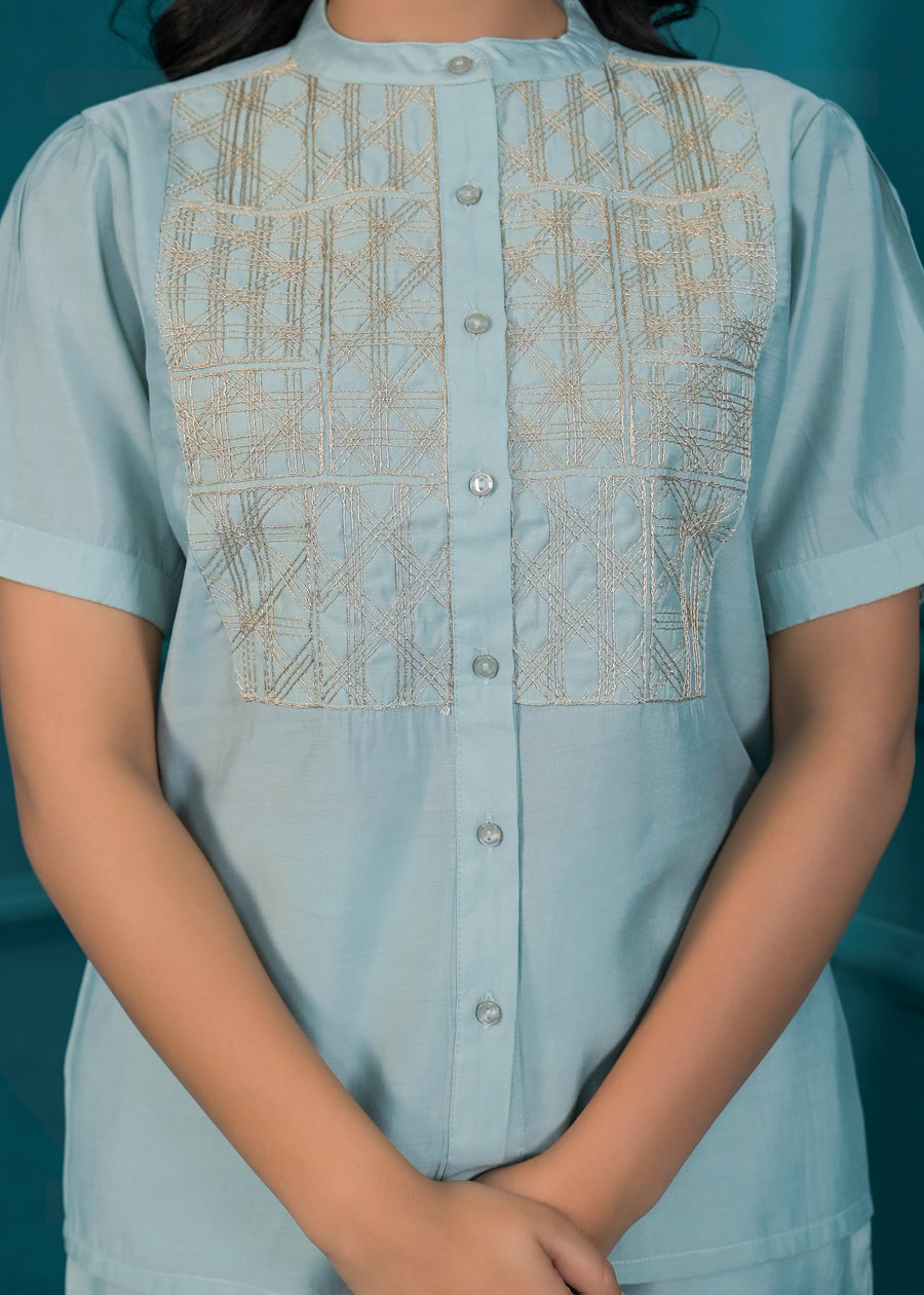 Embroidered Mandarin Collar Neck Shirt With Trousers Co-Ords