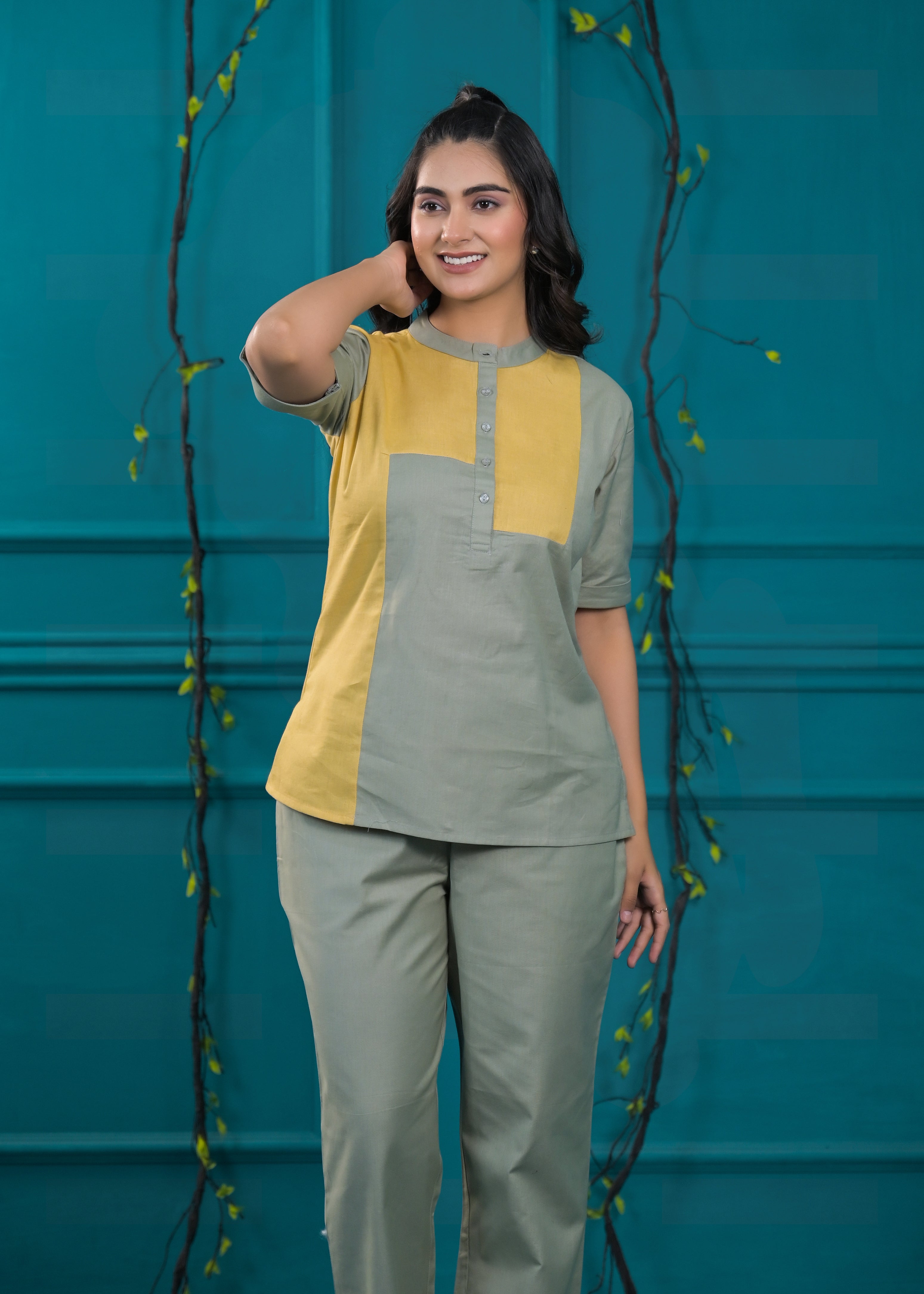 Colorblocked Pure Cotton Top & Trouser Co-Ords