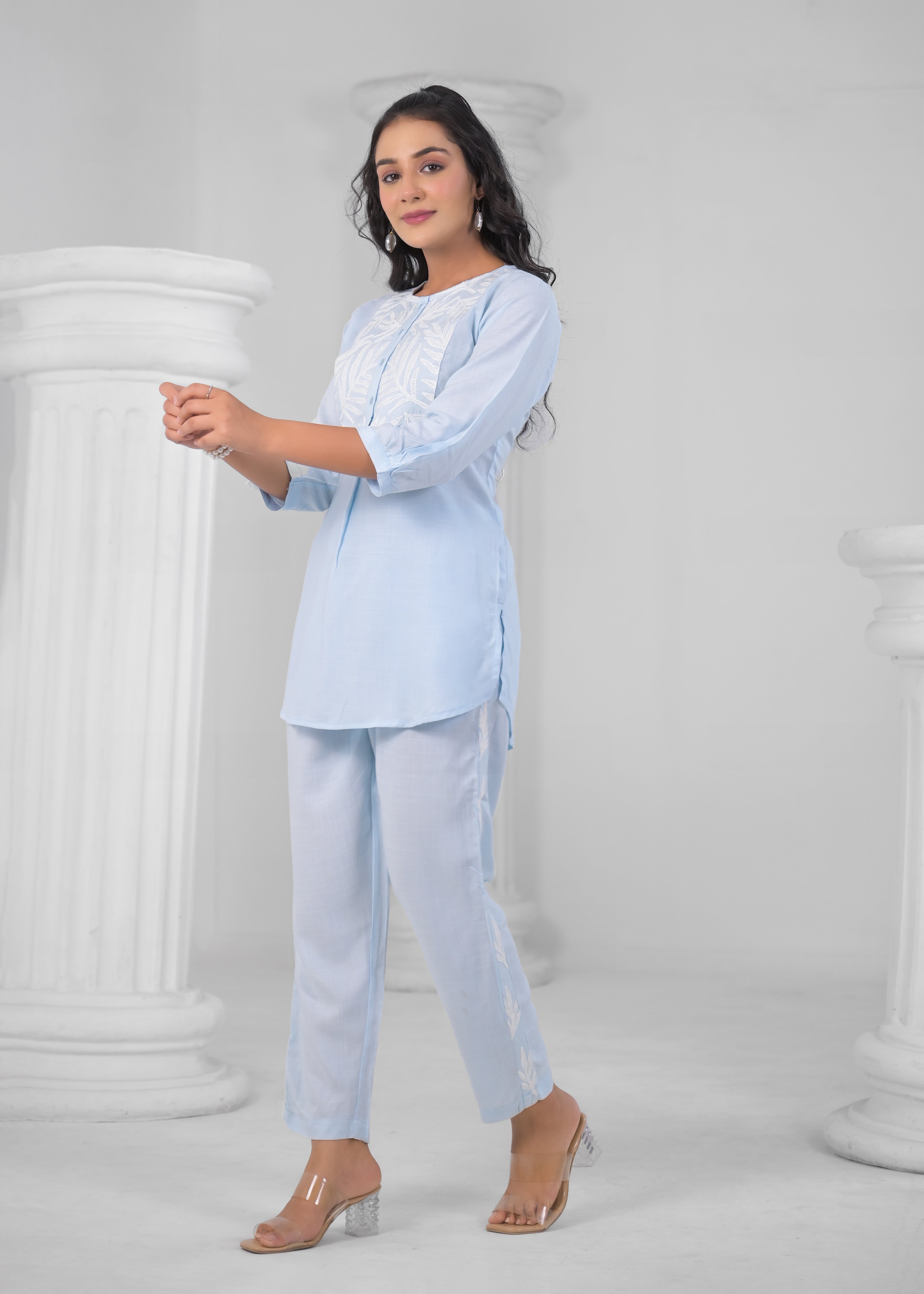 Embroidered Round-Neck Top With Trousers Co-Ords