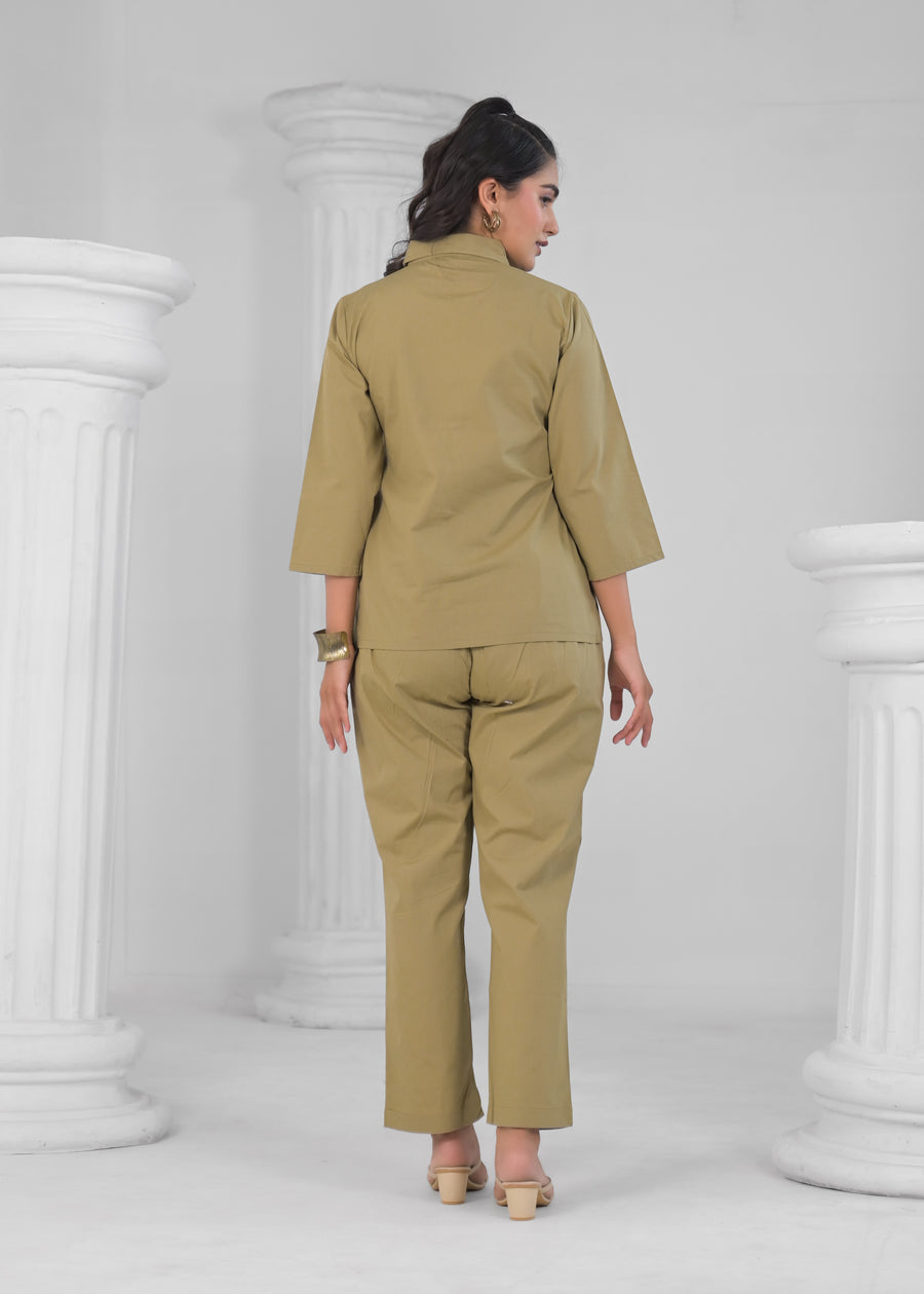 Striped Pure Cotton Shirt Collar Shirt With Trousers Co-Ords Set