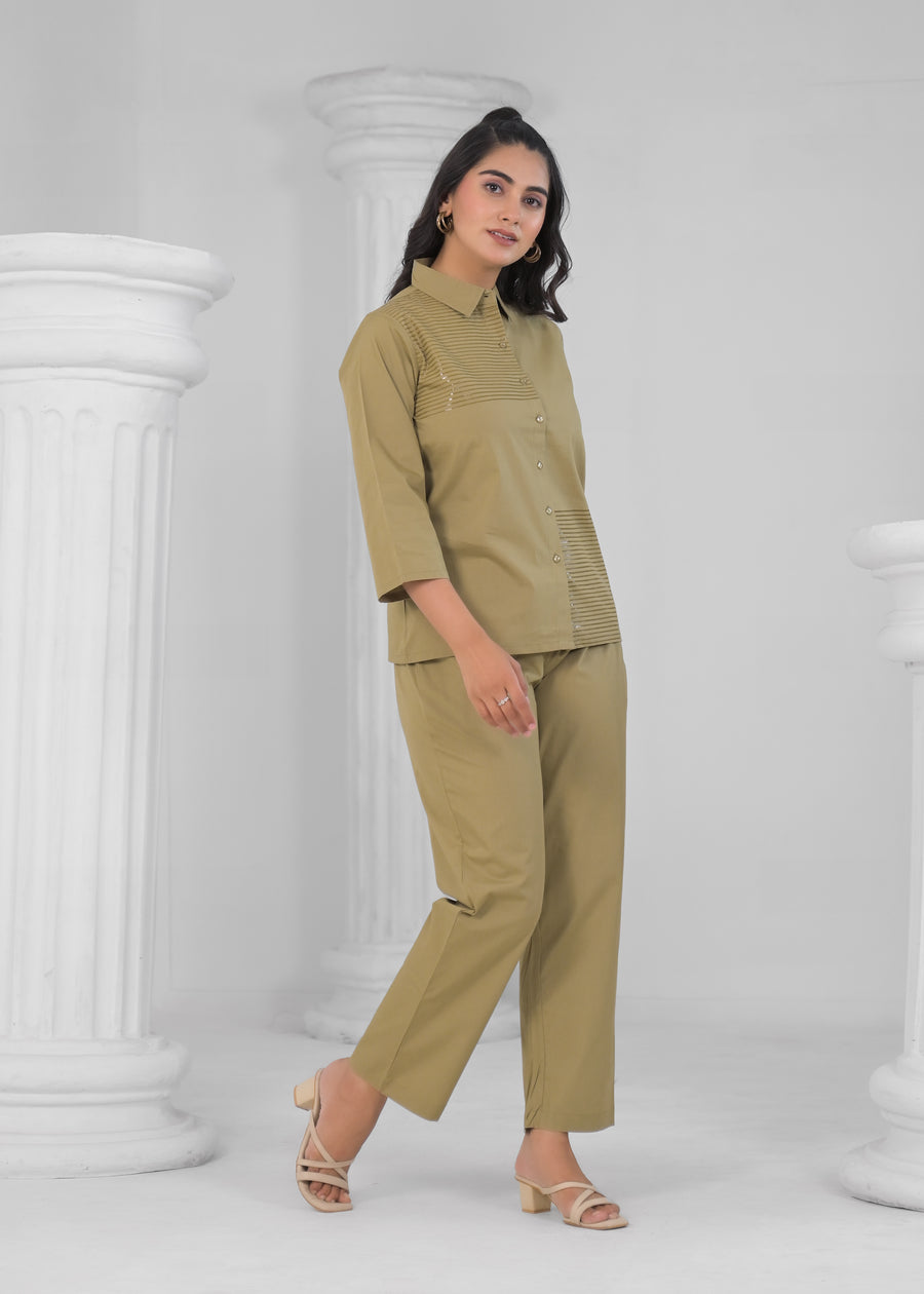 Striped Pure Cotton Shirt Collar Shirt With Trousers Co-Ords Set
