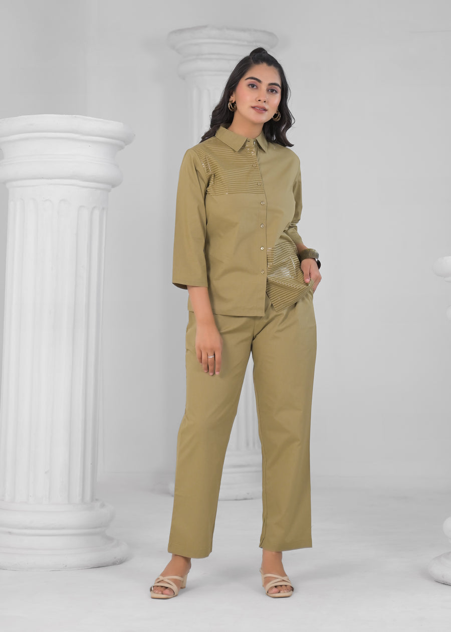 Striped Pure Cotton Shirt Collar Shirt With Trousers Co-Ords Set