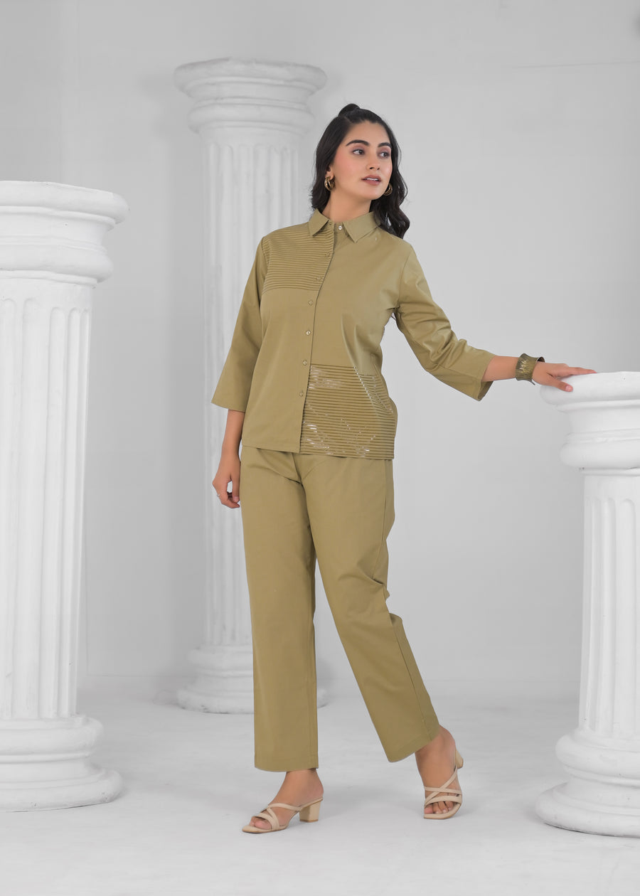 Striped Pure Cotton Shirt Collar Shirt With Trousers Co-Ords Set